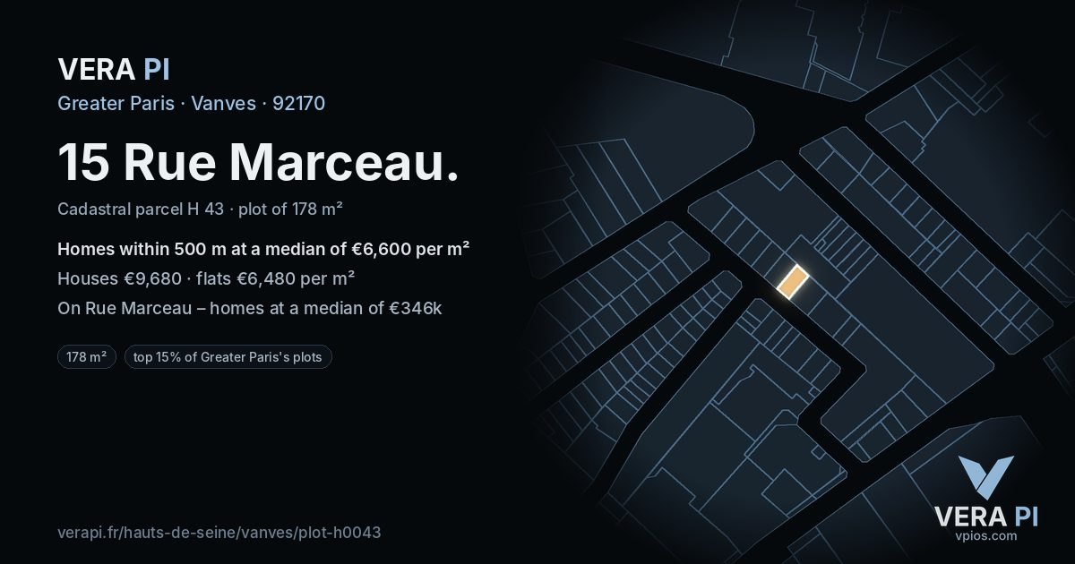 15 Rue Marceau, Vanves at night – the plot lit, the parcels around coloured by the prices near them