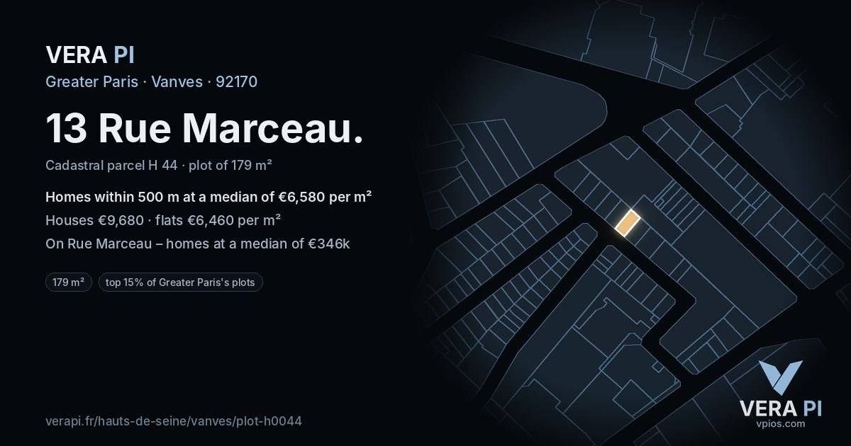 13 Rue Marceau, Vanves at night – the plot lit, the parcels around coloured by the prices near them