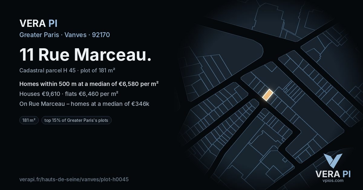 11 Rue Marceau, Vanves at night – the plot lit, the parcels around coloured by the prices near them