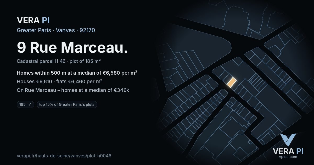 9 Rue Marceau, Vanves at night – the plot lit, the parcels around coloured by the prices near them