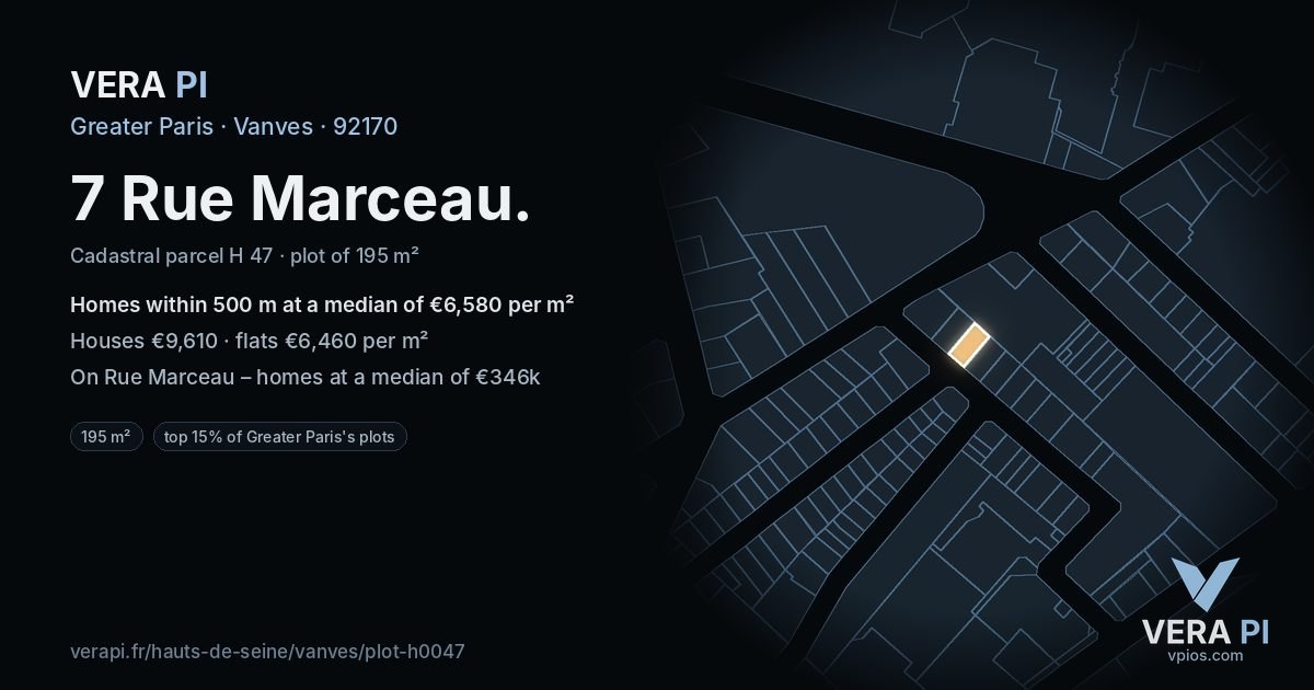 7 Rue Marceau, Vanves at night – the plot lit, the parcels around coloured by the prices near them