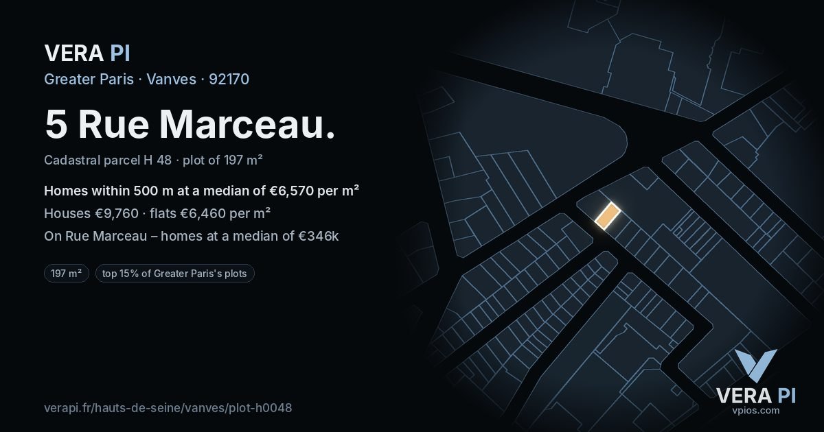 5 Rue Marceau, Vanves at night – the plot lit, the parcels around coloured by the prices near them