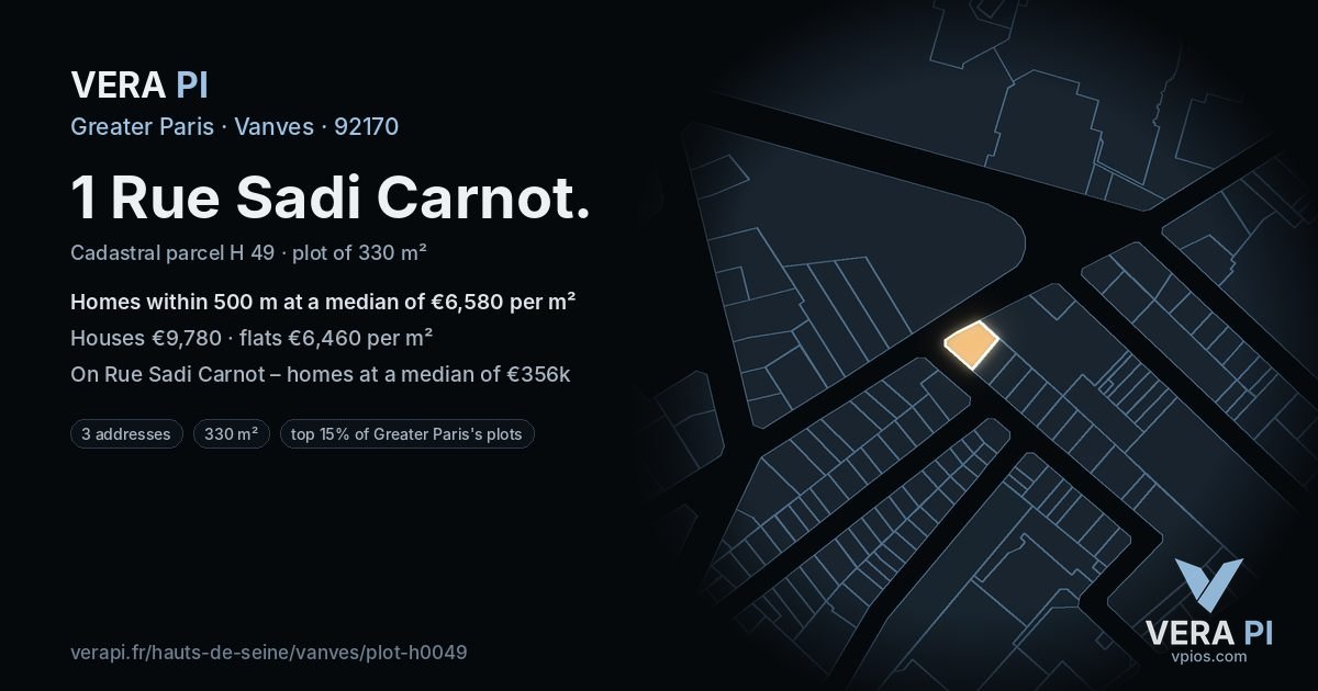 1 Rue Sadi Carnot, Vanves at night – the plot lit, the parcels around coloured by the prices near them