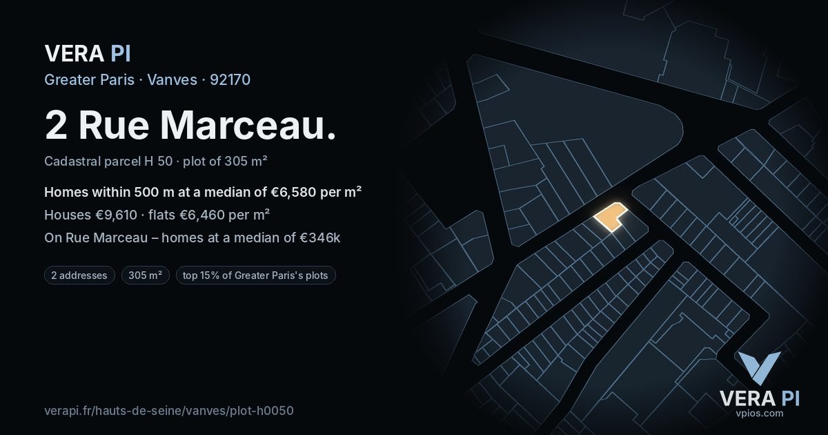 2 Rue Marceau, Vanves at night – the plot lit, the parcels around coloured by the prices near them