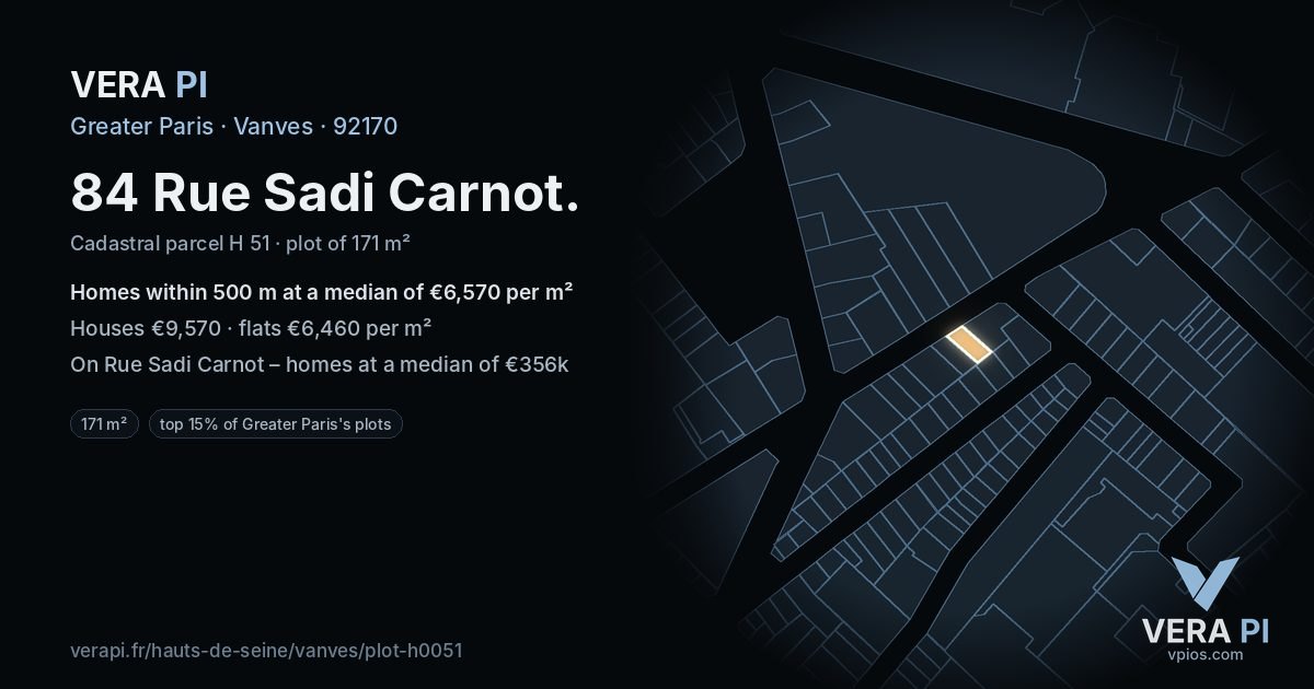 84 Rue Sadi Carnot, Vanves at night – the plot lit, the parcels around coloured by the prices near them
