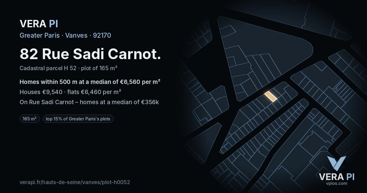 82 Rue Sadi Carnot, Vanves at night – the plot lit, the parcels around coloured by the prices near them