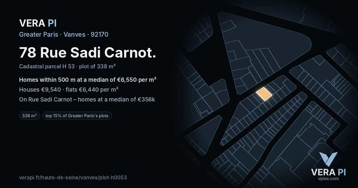 78 Rue Sadi Carnot, Vanves at night – the plot lit, the parcels around coloured by the prices near them