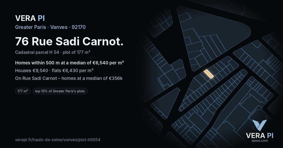 76 Rue Sadi Carnot, Vanves at night – the plot lit, the parcels around coloured by the prices near them