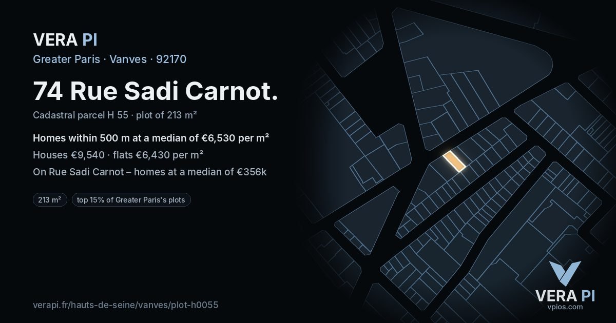 74 Rue Sadi Carnot, Vanves at night – the plot lit, the parcels around coloured by the prices near them