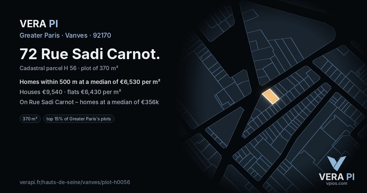 72 Rue Sadi Carnot, Vanves at night – the plot lit, the parcels around coloured by the prices near them