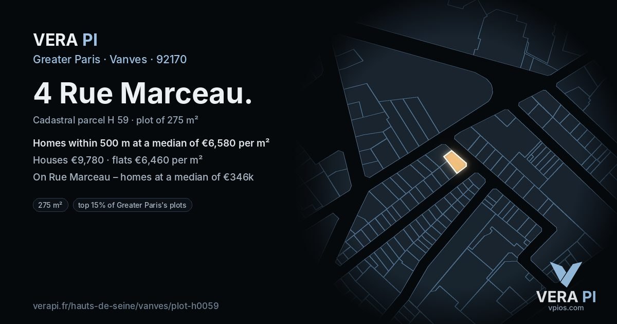 4 Rue Marceau, Vanves at night – the plot lit, the parcels around coloured by the prices near them