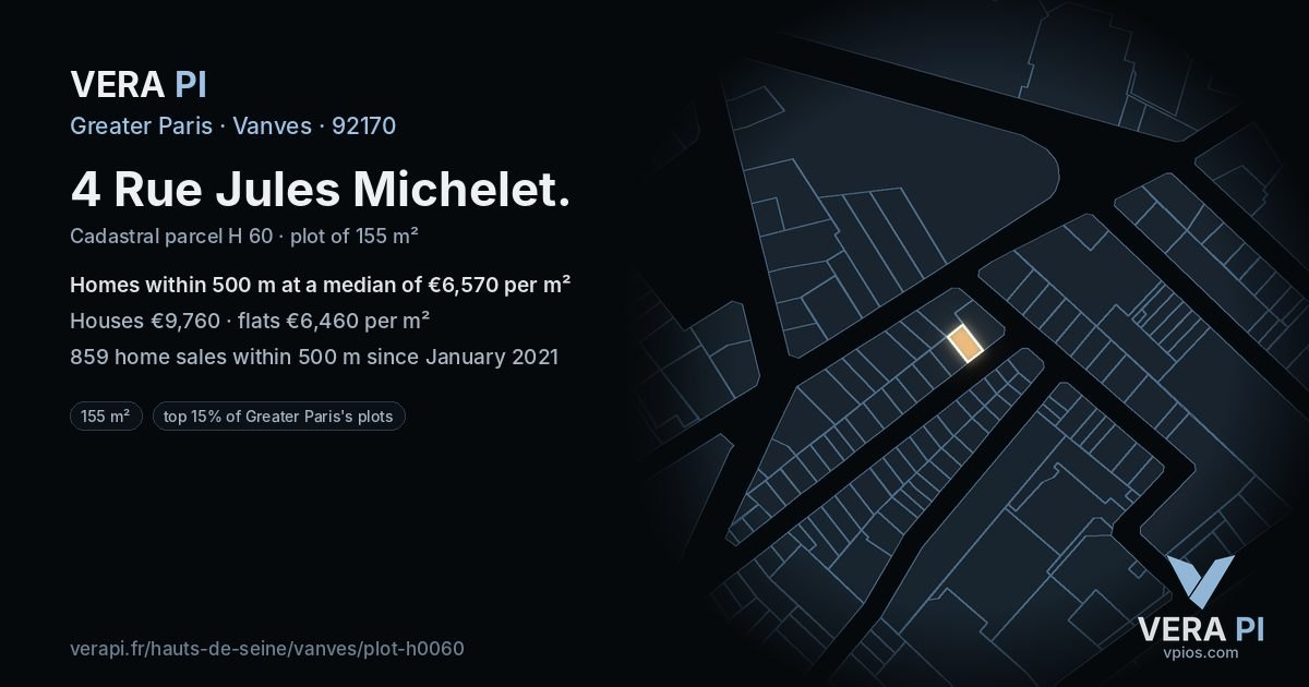 4 Rue Jules Michelet, Vanves at night – the plot lit, the parcels around coloured by the prices near them