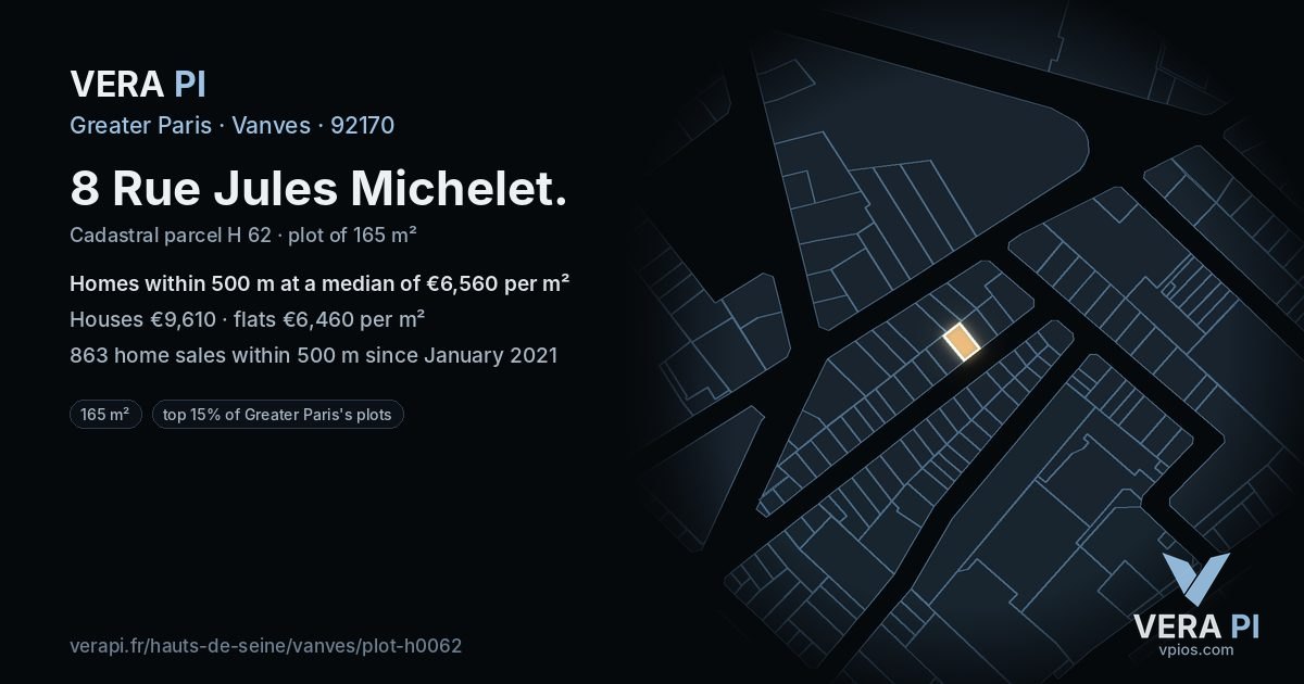 8 Rue Jules Michelet, Vanves at night – the plot lit, the parcels around coloured by the prices near them