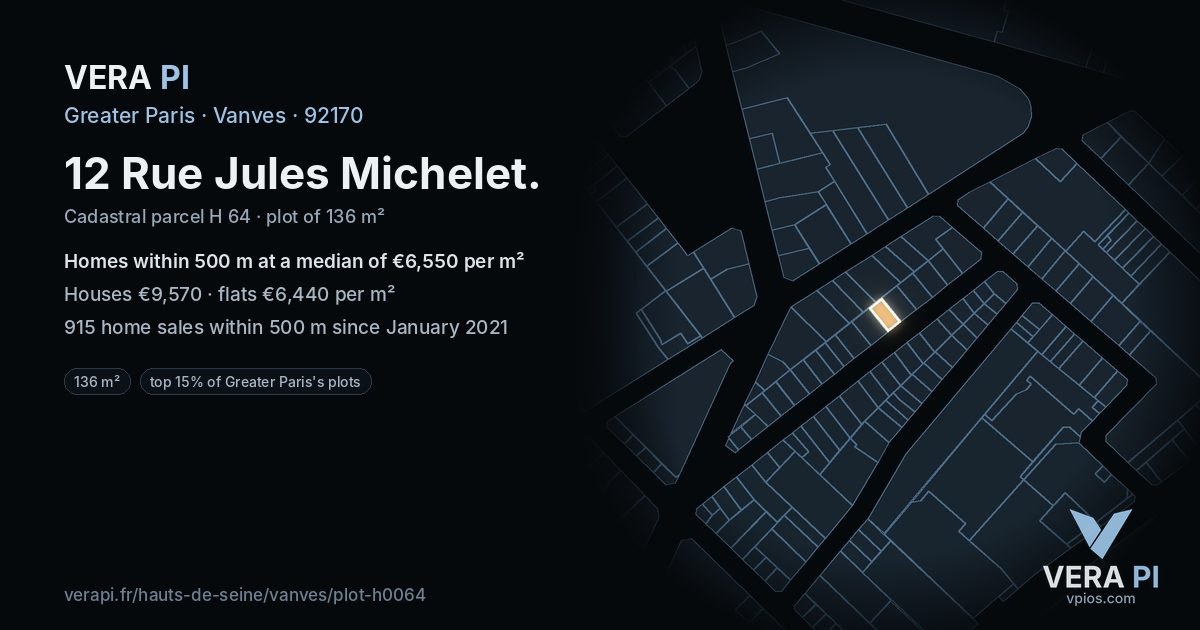 12 Rue Jules Michelet, Vanves at night – the plot lit, the parcels around coloured by the prices near them