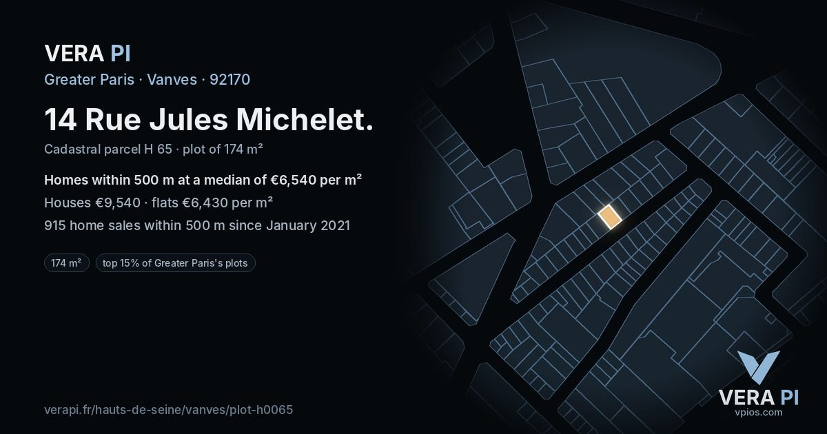 14 Rue Jules Michelet, Vanves at night – the plot lit, the parcels around coloured by the prices near them
