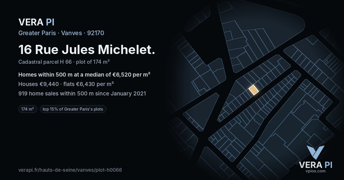 16 Rue Jules Michelet, Vanves at night – the plot lit, the parcels around coloured by the prices near them