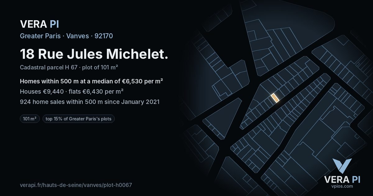 18 Rue Jules Michelet, Vanves at night – the plot lit, the parcels around coloured by the prices near them