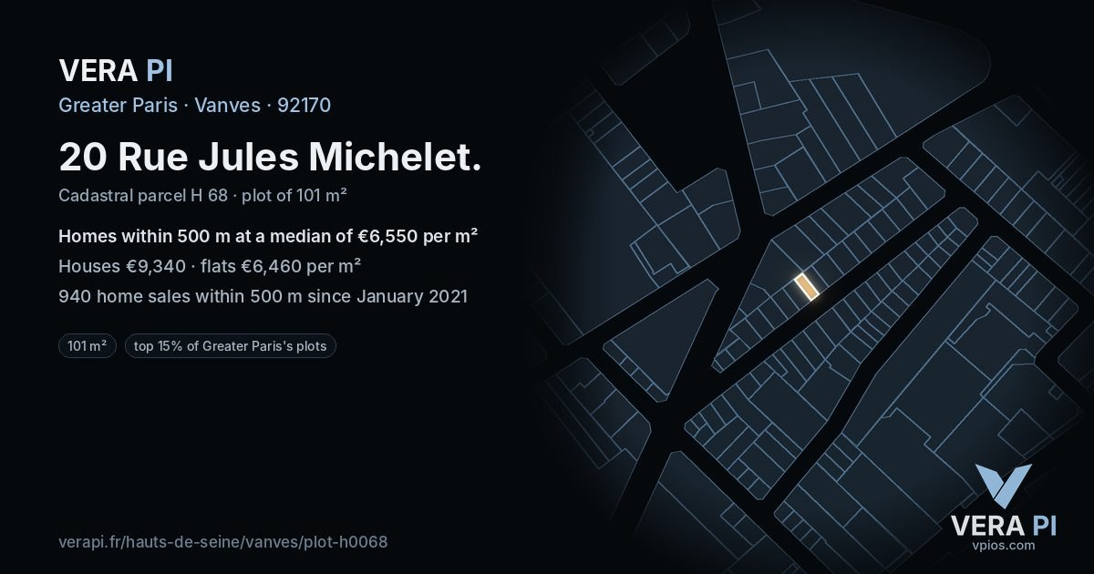 20 Rue Jules Michelet, Vanves at night – the plot lit, the parcels around coloured by the prices near them