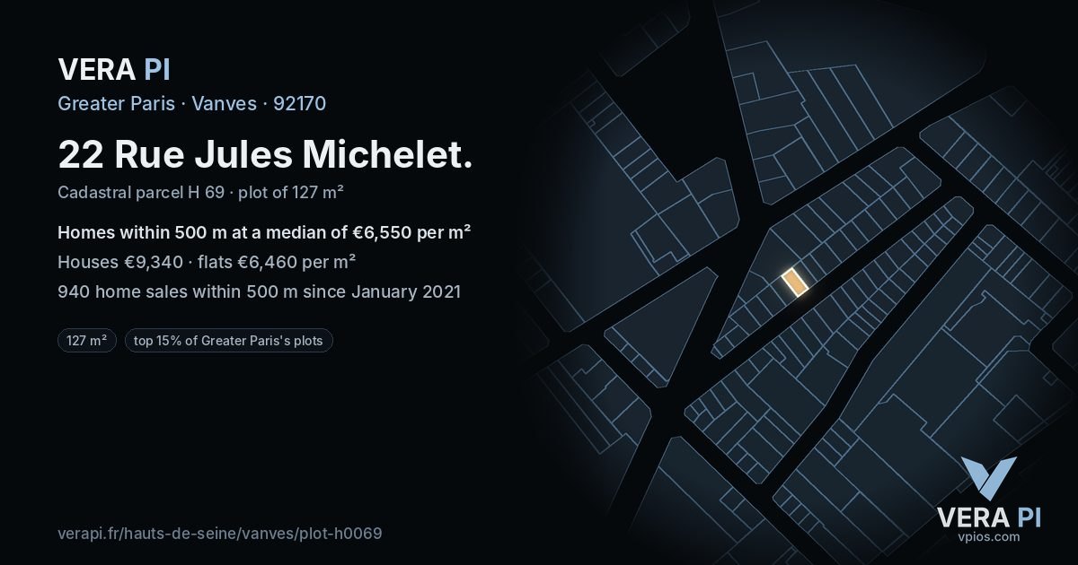 22 Rue Jules Michelet, Vanves at night – the plot lit, the parcels around coloured by the prices near them