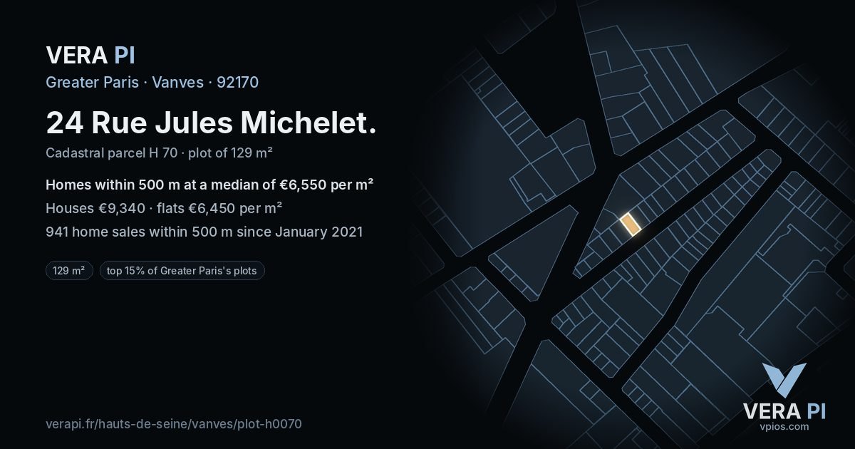24 Rue Jules Michelet, Vanves at night – the plot lit, the parcels around coloured by the prices near them
