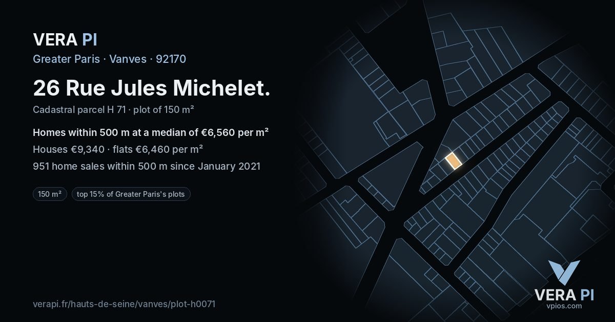 26 Rue Jules Michelet, Vanves at night – the plot lit, the parcels around coloured by the prices near them
