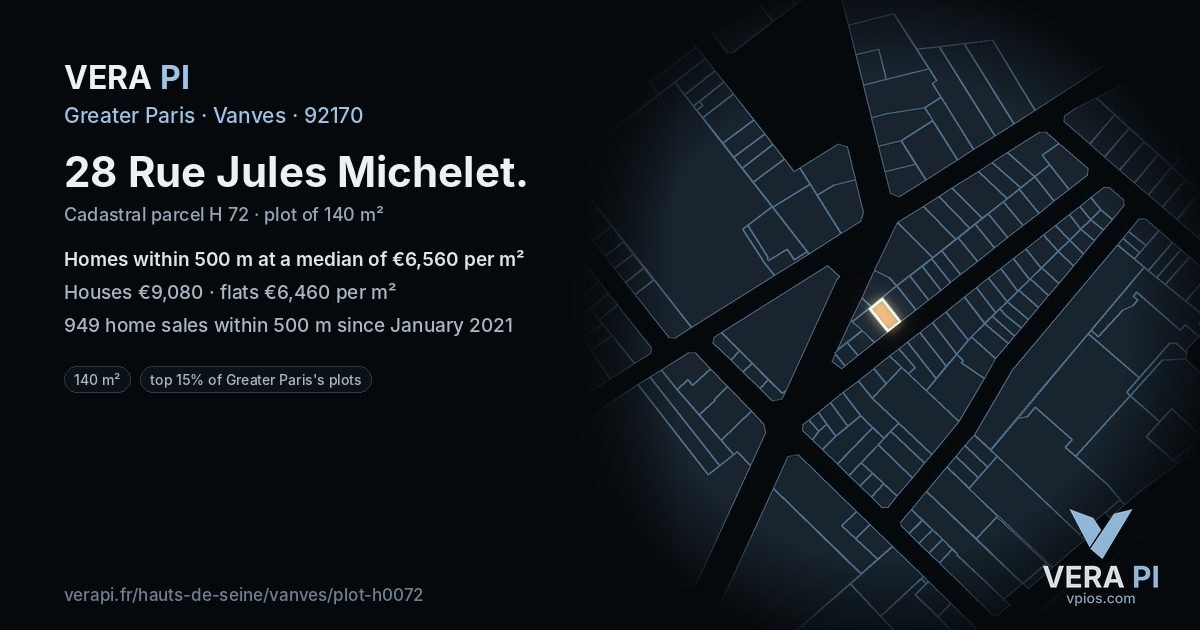 28 Rue Jules Michelet, Vanves at night – the plot lit, the parcels around coloured by the prices near them