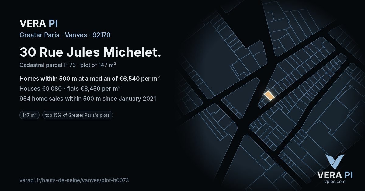 30 Rue Jules Michelet, Vanves at night – the plot lit, the parcels around coloured by the prices near them