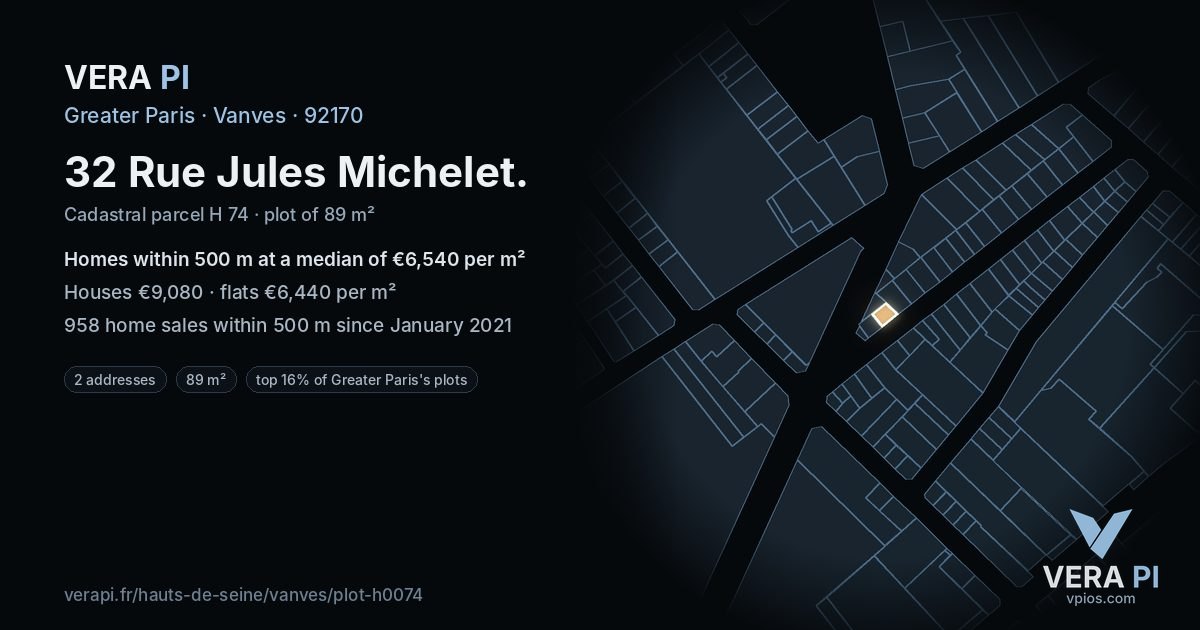 32 Rue Jules Michelet, Vanves at night – the plot lit, the parcels around coloured by the prices near them