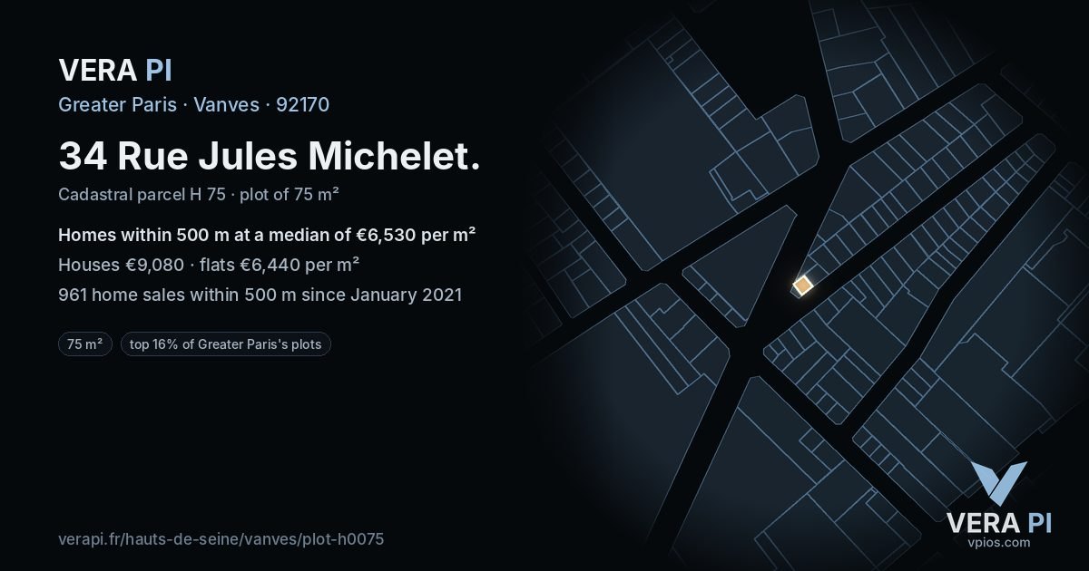 34 Rue Jules Michelet, Vanves at night – the plot lit, the parcels around coloured by the prices near them