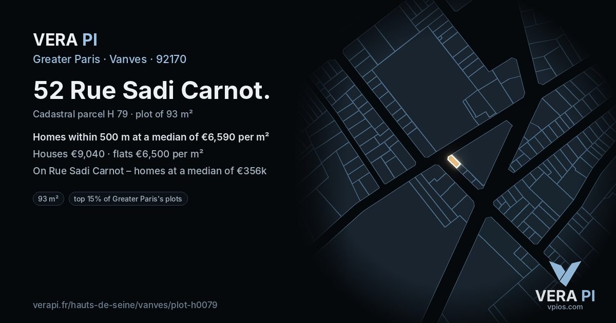 52 Rue Sadi Carnot, Vanves at night – the plot lit, the parcels around coloured by the prices near them