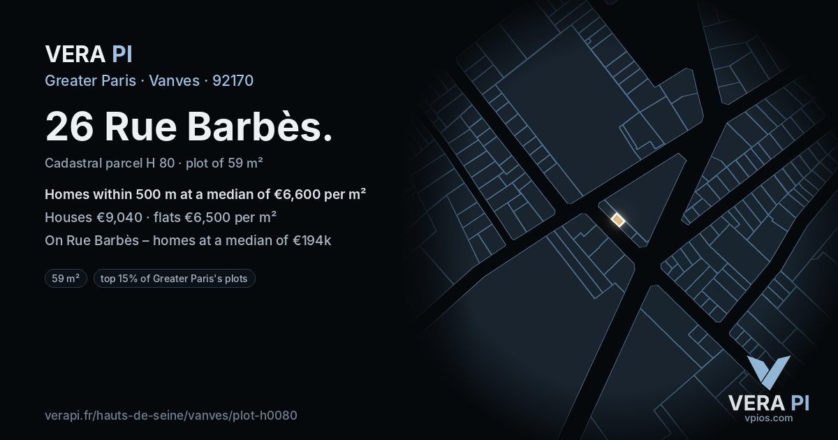 26 Rue Barbès, Vanves at night – the plot lit, the parcels around coloured by the prices near them