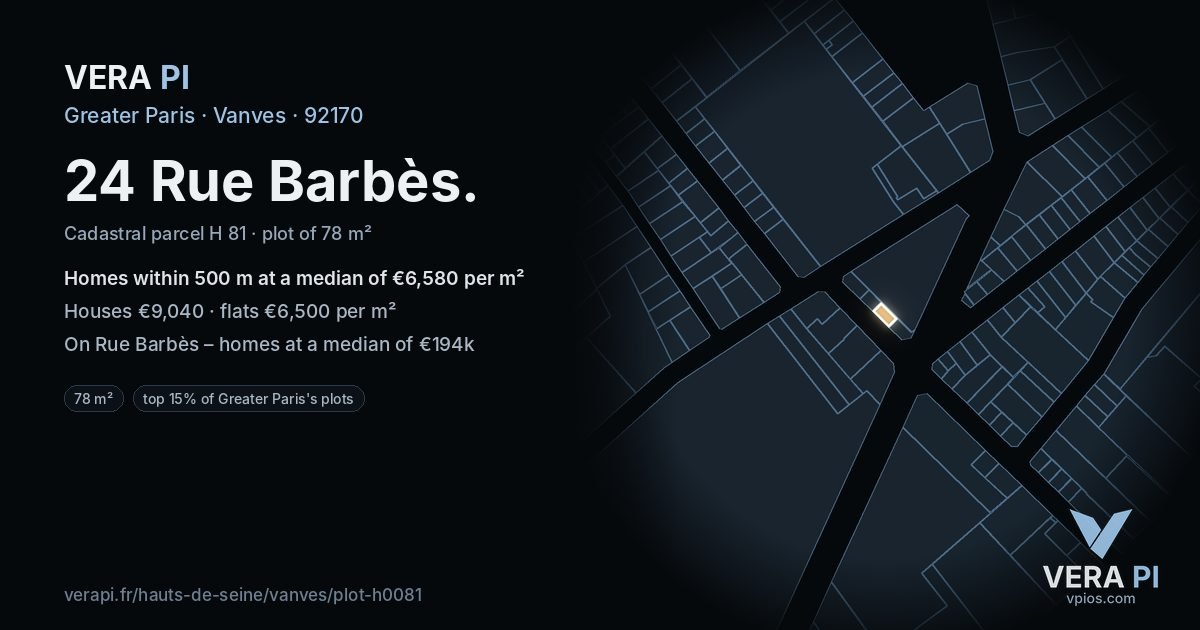 24 Rue Barbès, Vanves at night – the plot lit, the parcels around coloured by the prices near them