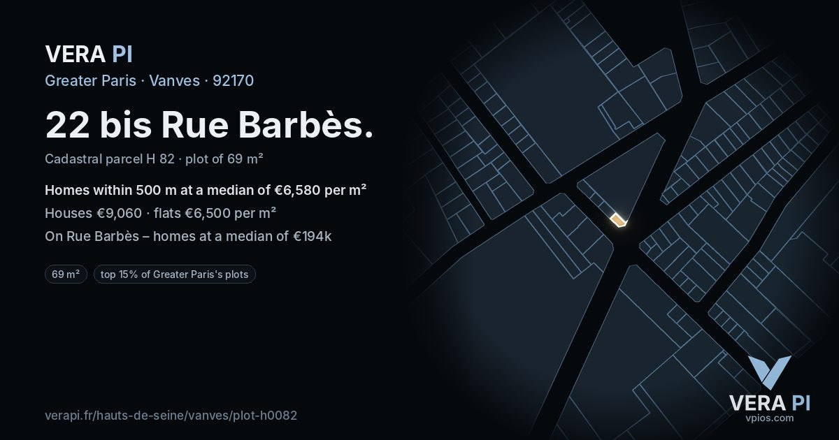 22 bis Rue Barbès, Vanves at night – the plot lit, the parcels around coloured by the prices near them