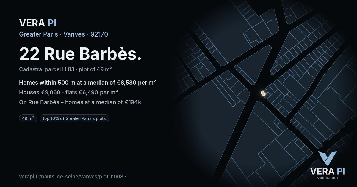 22 Rue Barbès, Vanves at night – the plot lit, the parcels around coloured by the prices near them
