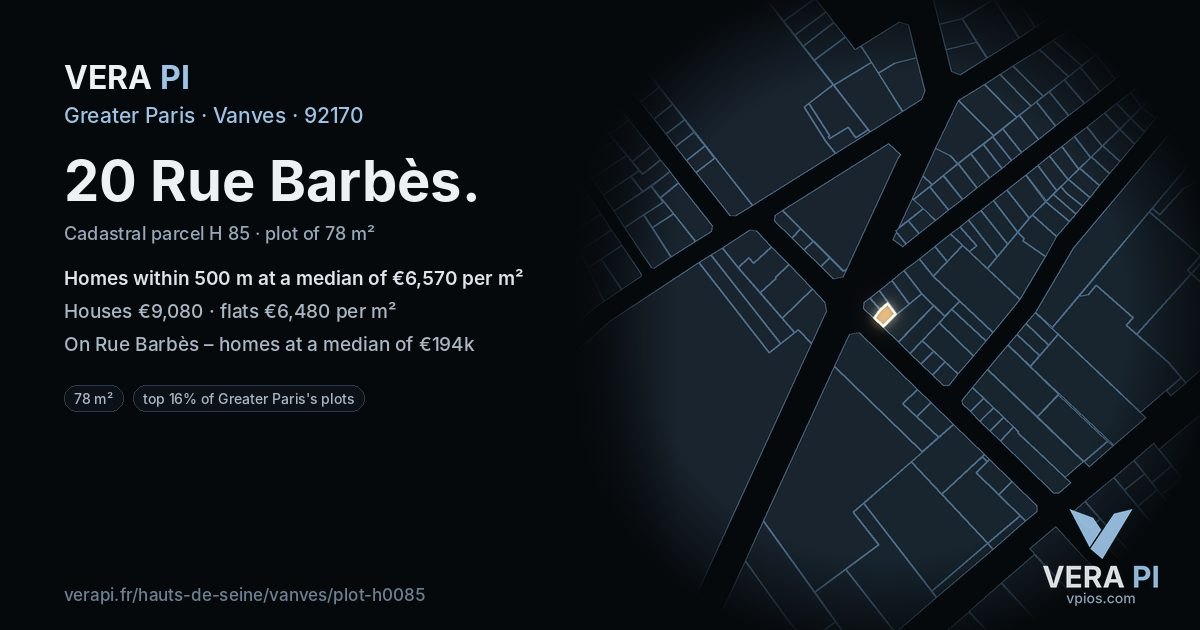 20 Rue Barbès, Vanves at night – the plot lit, the parcels around coloured by the prices near them
