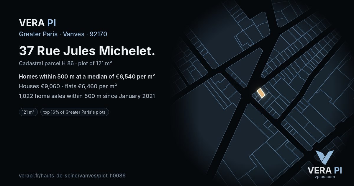 37 Rue Jules Michelet, Vanves at night – the plot lit, the parcels around coloured by the prices near them
