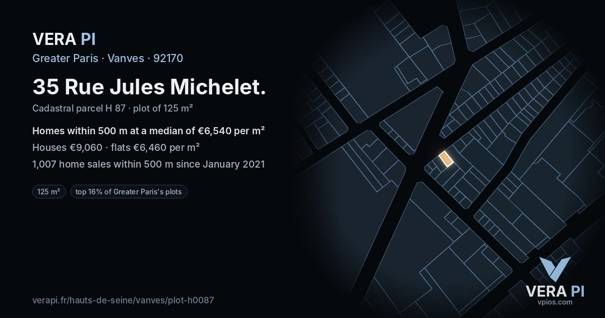 35 Rue Jules Michelet, Vanves at night – the plot lit, the parcels around coloured by the prices near them