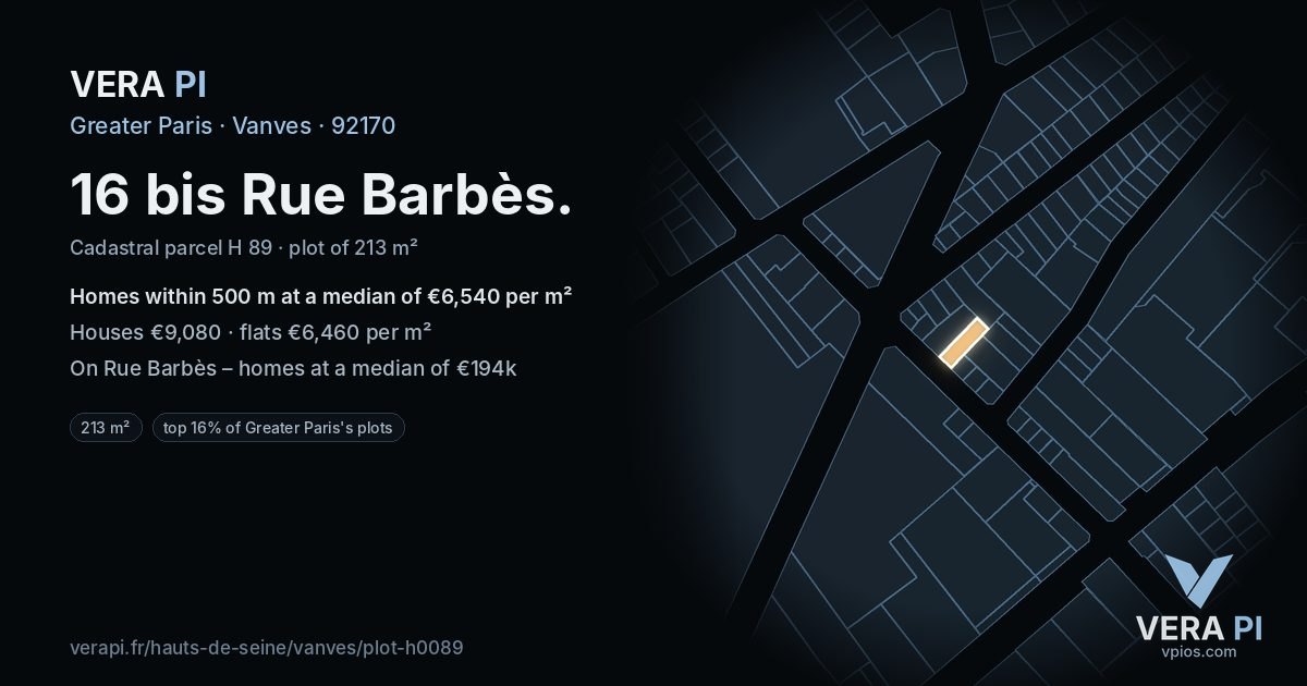 16 bis Rue Barbès, Vanves at night – the plot lit, the parcels around coloured by the prices near them