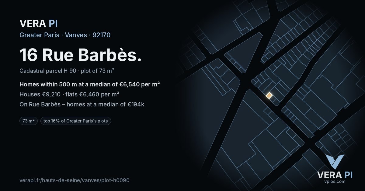 16 Rue Barbès, Vanves at night – the plot lit, the parcels around coloured by the prices near them