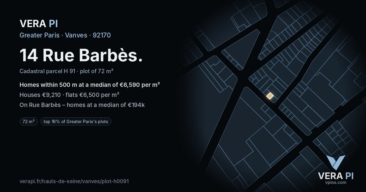 14 Rue Barbès, Vanves at night – the plot lit, the parcels around coloured by the prices near them