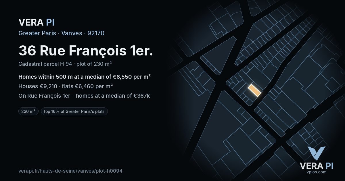 36 Rue François 1er, Vanves at night – the plot lit, the parcels around coloured by the prices near them