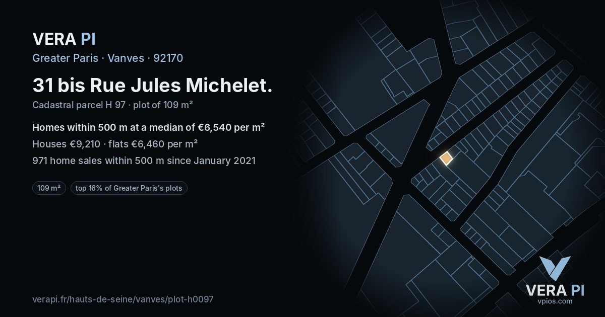 31 bis Rue Jules Michelet, Vanves at night – the plot lit, the parcels around coloured by the prices near them