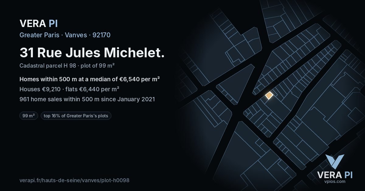 31 Rue Jules Michelet, Vanves at night – the plot lit, the parcels around coloured by the prices near them