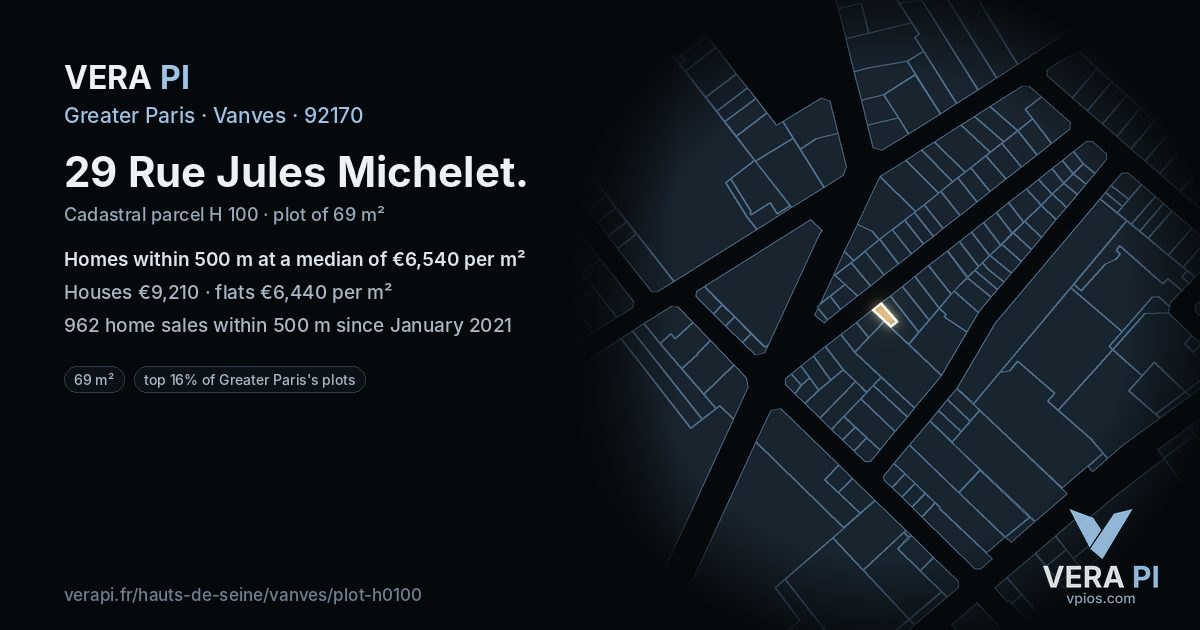 29 Rue Jules Michelet, Vanves at night – the plot lit, the parcels around coloured by the prices near them