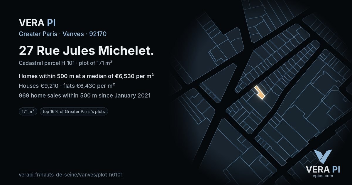 27 Rue Jules Michelet, Vanves at night – the plot lit, the parcels around coloured by the prices near them