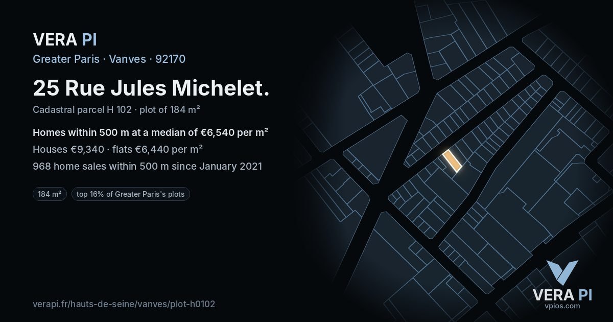 25 Rue Jules Michelet, Vanves at night – the plot lit, the parcels around coloured by the prices near them