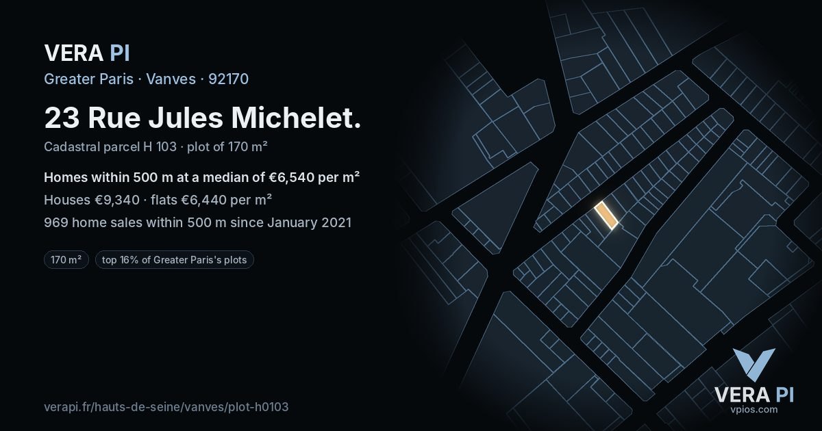 23 Rue Jules Michelet, Vanves at night – the plot lit, the parcels around coloured by the prices near them