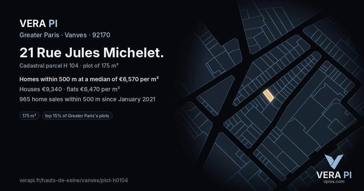 21 Rue Jules Michelet, Vanves at night – the plot lit, the parcels around coloured by the prices near them