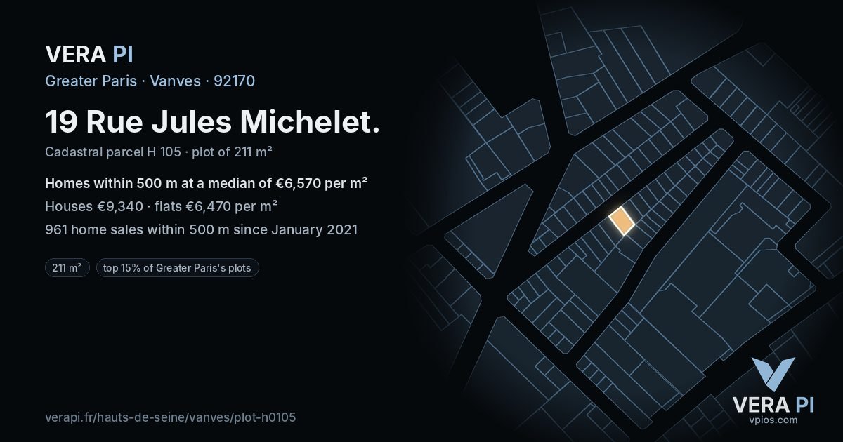 19 Rue Jules Michelet, Vanves at night – the plot lit, the parcels around coloured by the prices near them