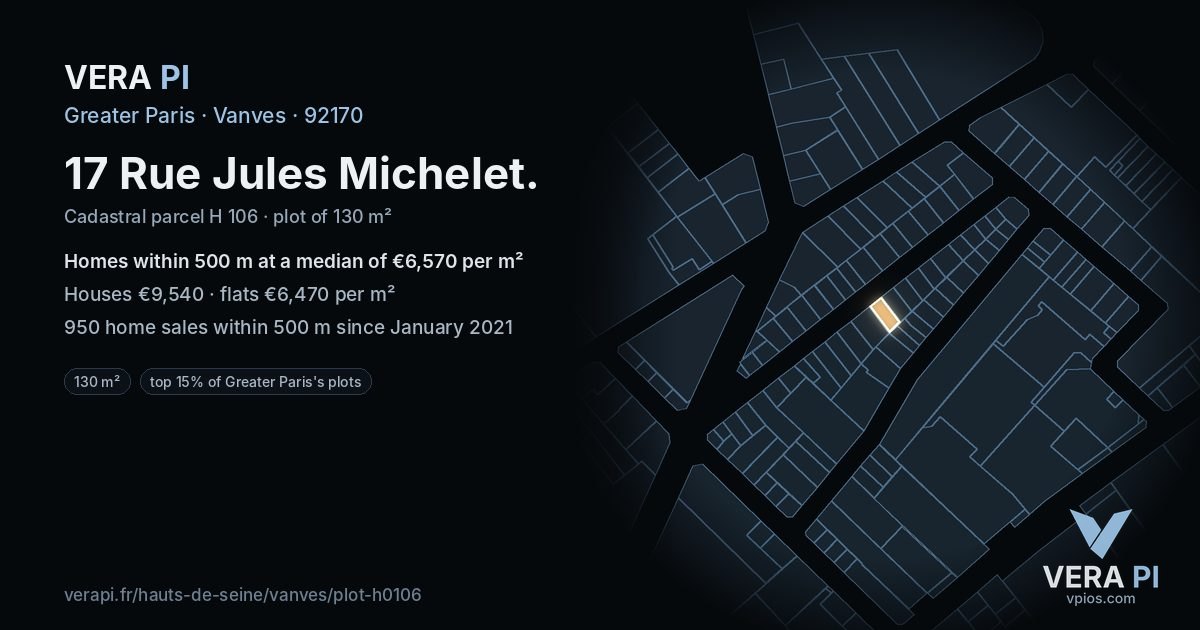 17 Rue Jules Michelet, Vanves at night – the plot lit, the parcels around coloured by the prices near them